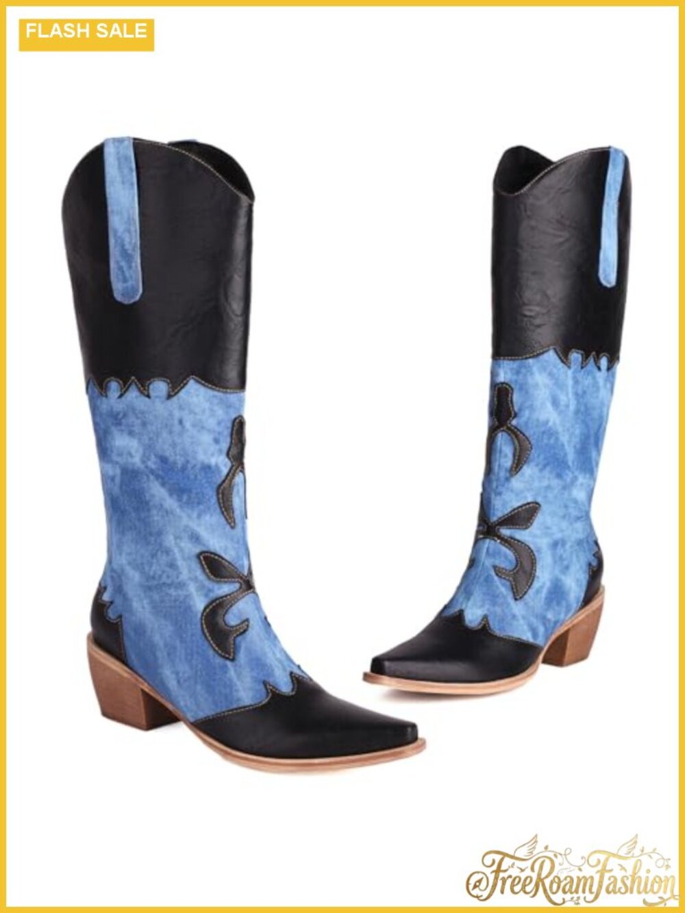 Patchwork Denim Cowboy Boots Pointed Toe Chunky Heel Pull On Knee High